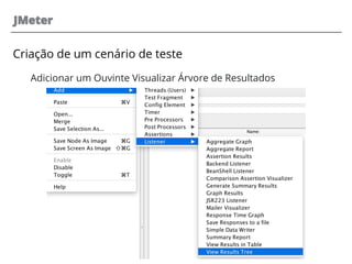 JMeter
Criação de um cenário de teste
Adicionar um Ouvinte Visualizar Árvore de Resultados
 