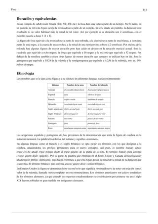 Fusa 114
Duración y equivalencias
En un compás de subdivisión binaria (2/4; 3/4; 4/4; etc.) la fusa dura una octava parte de un tiempo. Por lo tanto, en
un compás de 4/4 esta figura ocupa la treintaidosava parte de un compás. Si se le añade un puntillo, la duración total
resultante es su valor habitual más la mitad de tal valor. Así por ejemplo si su duración son 2 semifusas, con el
puntillo pasaría a durar 3 (2 + 1).
La figura de fusa equivale a la treintaidosava parte de una redonda, a la dieciseisava parte de una blanca, a la octava
parte de una negra, a la cuarta de una corchea, a la mitad de una semicorchea o bien a 2 semifusas. Por encima de la
redonda hay algunas figuras de mayor duración pero han caído en desuso en la notación musical actual. Son: la
cuadrada que equivale a ocho negras, la longa que equivale a 16 negras y la maxima que equivale a 32 negras. Por
debajo de la semifusa también existen otras figuras de menor duración que tampoco se utilizan hoy en día. Son: la
garrapatea que equivale a 1/128 de la redonda y la semigarrapatea que equivale a 1/256 de la redonda, esto es, 1/64
pulsos de negra.
Etimología
Los nombres que se le dan a esta figura y a su silencio en diferentes lenguas varían enormemente:
Idioma Nombre de la nota Nombre del silencio
Alemán Zweiunddreißigstelnote Zweiunddreißigstelpause
Español fusa silencio de fusa
Francés triple-croche huitième de soupir
Holandés tweeëndertigste noot tweeëndertigste rust
Inglés americano thirty-second note thirty-second rest
Inglés británico demisemiquaver demisemiquaver rest
Italiano biscroma pausa di biscroma
Portugués fusa pausa de fusa
Ruso тридцать вторая нота тридцать вторая пауза
Las acepciones española y portuguesa de fusa provienen de la denominación que tenía la figura de corchea en la
notación mensural. La palabra fusa deriva del italiano y significa «ronroneo».
En algunas lenguas como el francés o el inglés británico se opta elegir los términos con los que designan a la
corchea, añadiéndoles los prefijos pertinentes para el nuevo concepto. Así pues, el nombre francés actual
triple-croche añade triple porque alude al triple gancho de la grafía de la nota. El término francés para corchea
croche quiere decir «gancho». Por su parte, la palabra que emplean en el Reino Unido y Canadá demisemiquaver
añadiendo el prefijo «demisemi» para hacer referencia a que esta figura posee la mitad de la mitad de la duración que
la corchea. El término británico para corchea quaver quiere decir «sonido trémulo».
En Estados Unidos la figura se denomina thirty-second note que significa «treintaidosavo de nota» en relación con el
valor de la redonda, llamada «nota completa» en esta nomenclatura. Los términos americanos son calcos semánticos
de los términos alemanes, ya que cuando las orquestas estadounidenses se establecieron por primera vez en el siglo
XIX fueron pobladas en gran medida por emigrantes alemanes.
 