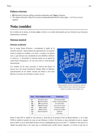 Negra 146
Enlaces externos
• Wikimedia Commons alberga contenido multimedia sobre Negra. Commons
• «Las figuras musicales» (http://www.teoria.com/aprendizaje/lectura/03-valores.php) — en Teoria.com (en
español).
Nota (sonido)
En el ámbito de la música, el término nota se refiere a un sonido determinado por una vibración cuya frecuencia
fundamental es constante.
Sistema musical
Sistema occidental
Mano guidoniana. Sistema mnemotécnico medieval,
debido a Guido d'Arezzo (siglo XI), utilizado para
ayudar a los cantantes a leer a primera vista.
Fue el monje Guido D'Arezzo —considerado el padre de la
notación musical— quien elaboró una aproximación a la notación
actual, al asignar los nombres a las notas —excepto a la séptima
nota, si, que entonces era considerada un tono diabólico (diábulus
in música)— y desarrollar la notación dentro de un patrón de
cuatro líneas (tetragrama), y no una sola como se venía haciendo
anteriormente.
Los nombres de las notas musicales se derivan del himno Ut
queant laxis del monje benedictino friulano Pablo el Diácono,
específicamente de las sílabas iniciales del Himno a San Juan
Bautista. Las frases de este himno, en latín, son así:
Nota Texto original en latín Traducción
Ut -
Do
Re
'Mi
Fa
Sol
La
Si
Ut queant laxis
Resonare fibris
Mira gestorum
Famuli tuorum
Solve polluti
Labii reatum
Sancte Ioannes.
Para que puedan
exaltar a pleno pulmón
las maravillas
estos siervos tuyos
perdona la falta
de nuestros labios
impuros
San Juan.
Hacia el siglo XVI se añadió la nota musical si, derivado de las primeras letras de Sancte Ioannes, y en el siglo
XVIII se cambió el nombre de ut por do (por Dóminus o Señor). En Francia se sigue utilizando la nota ut, aunque
para el solfeo se usa el monosílabo do para evitar la complejidad que provoca la letra "t". También en este proceso se
añadió una quinta línea a las cuatro que se utilizaban para escribir música, llegando a la forma en que hoy lo
 