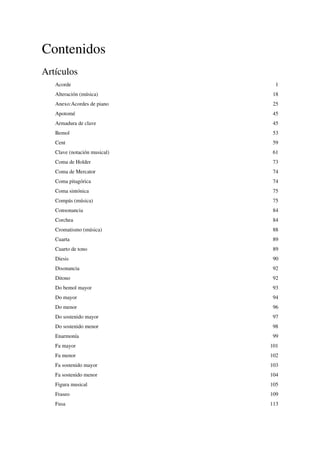 Contenidos
Artículos
Acorde 1
Alteración (música) 18
Anexo:Acordes de piano 25
Apotomé 45
Armadura de clave 45
Bemol 53
Cent 59
Clave (notación musical) 61
Coma de Holder 73
Coma de Mercator 74
Coma pitagórica 74
Coma sintónica 75
Compás (música) 75
Consonancia 84
Corchea 84
Cromatismo (música) 88
Cuarta 89
Cuarto de tono 89
Diesis 90
Disonancia 92
Ditono 92
Do bemol mayor 93
Do mayor 94
Do menor 96
Do sostenido mayor 97
Do sostenido menor 98
Enarmonía 99
Fa mayor 101
Fa menor 102
Fa sostenido mayor 103
Fa sostenido menor 104
Figura musical 105
Fraseo 109
Fusa 113
 
