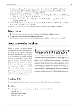 Alteración (música) 25
• Pérez Gutiérrez, Mariano: Diccionario de la música y los músicos. Barcelona: Akal, 1985. (vol. 1 (http://books.
google.es/books?id=9IPblOqz2XQC&) vol. 2 (http://books.google.es/books?id=wFoUvcxDVIIC) vol. 3
Google Libros) (http://books.google.es/books?id=DdNqoNrbbpcC)
• Randel, Don Michael (ed.): Harvard Dictionary of Music. 4ª ed. Cambridge, Mass.: Belknap Press, 2003. (Google
Libros) (http://books.google.es/books?id=02rFSecPhEsC)
• Read, Gardner: Music Notation. Boston: Alleyn & Bacon, 1969. (Google Libros) (http://books.google.es/
books?id=pGQJAQAAMAAJ)
• Stone, Kurt: Music Notation in the Twentieth Century. Nueva York: W. W. Norton, 1980. (Google Libros) (http:/
/books.google.es/books?id=X-GUSwAACAAJ)
• Zamacois, Joaquín: Teoría de la música. Barcelona: Labor, 1949; Idea, 2002. ISBN 84-823-6253-4
Enlaces externos
• Wikimedia Commons alberga contenido multimedia sobre Alteración (música). Commons
• Wikcionario tiene definiciones para alteración.Wikcionario
• «Las alteraciones» (http://www.teoria.com/aprendizaje/lectura/14-alt.php) — en Teoria.com (en español)
Anexo:Acordes de piano
Intervalos musicales, mostrados sobre el pentagrama con la nota do como tono
fundamental. U = unísono (dos notas iguales); m2 = de segunda menor; M2 = de
segunda mayor (o segunda, simplemente); m3 = de tercera menor; M3 = de tercera
mayor; P4 = de cuarta perfecta o justa (o cuarta, simplemente); TT = de tritono (de
cuarta aumentada o quinta disminuida); P5 = de quinta perfecta o justa (o quinta,
simplemente); m6 = de sexta menor (quinta aumentada); M6 = de sexta mayor (o
sexta, simplemente); m7 = de séptima menor (o séptima, simplemente); M7 = de
séptima mayor; P8 = de octava perfecta o justa. Con la segunda nota en la siguiente
octava y manteniendo la fundamental se generan los intervalos de novena, que
equivale con una octava de diferencia al de segunda mayor, el de onceava, que
equivale al de cuarta perfecta, el de treceava, que equivale al de sexta mayor, etc.
Recibe el nombre de acorde aquella
combinación de tres a siete notas diferentes,
de entre las doce que componen una octava,
que suenan simultáneamente o en sucesión,
y que constituyen una unidad armónica
dentro de la composición musical. Cada
acorde se construye mediante la unión de
diferentes intervalos musicales en número
de dos a seis. Una de las notas, llamada
tónica o fundamental, define la tonalidad
del acorde, es decir, el origen de referencia
para todos los intervalos que conforman
dicho acorde. Las notas del acorde pueden
estar en la misma o en diferentes octavas.
Tonalidad de Do
Se muestra a continuación una lista casi exhaustiva de los acordes posibles dentro de esta tonalidad.
Do quinta
El acorde de quinta es una excepción entre los acordes, pues consta de solo dos notas.
• Notación: Do5, C5.
• Intervalos: (tónica) - quinta.
• Notas: do - sol (C - G).
 