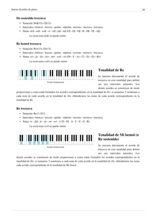 Anexo:Acordes de piano 40
Do sostenido treceava
• Notación: Do♯(13), C♯(13).
• Intervalos: (tónica) - tercera - quinta - séptima - novena - onceava - treceava.
• Notas: do♯ - mi♯ - sol♯ - si - re♯ - fa♯ - la♯ (C♯ - E♯ - G♯ - B - D♯ - F♯ - A♯).
La sexta nota (fa♯) se puede omitir.
Re bemol treceava
• Notación: Re♭(13), D♭(13).
• Intervalos: (tónica) - tercera - quinta - séptima - novena - onceava - treceava.
• Notas: re♭ - fa - la♭ - do♭ - mi♭ - sol♭ - si♭ (D♭ - F - A♭ - C♭ - E♭ - G♭ - B♭).
La sexta nota (sol♭) se puede omitir.
Estado fundamental.
Tonalidad de Re
Se muestra únicamente el acorde de
treceava en esta tonalidad para definir
sus seis intervalos naturales. Los
demás acordes se construyen de modo
proporcional a como están formados los acordes correspondientes en la tonalidad de Do: si sumamos 2 semitonos a
cada nota de cada acorde en la tonalidad de Do, obtendremos las notas de cada acorde correspondiente en la
tonalidad de Re.
Re treceava
• Notación: Re13, D13.
• Intervalos: (tónica) - tercera - quinta - séptima - novena - onceava - treceava.
• Notas: re - fa♯ - la - do - mi - sol - si (D - F♯ - A - C - E - G - B).
La sexta nota (sol) se puede omitir.
Estado fundamental.
Tonalidad de Mi bemol (o
Re sostenido)
Se muestra únicamente el acorde de
treceava en esta tonalidad para definir
sus seis intervalos naturales. Los
demás acordes se construyen de modo proporcional a como están formados los acordes correspondientes en la
tonalidad de Do: si sumamos 3 semitonos a cada nota de cada acorde en la tonalidad de Do, obtendremos las notas
cada acorde correspondiente en la tonalidad de Mi bemol.
 