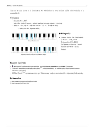 Anexo:Acordes de piano 44
cada nota de cada acorde en la tonalidad de Do, obtendremos las notas de cada acorde correspondiente en la
tonalidad de Si.
Si treceava
• Notación: Si13, B13.
• Intervalos: (tónica) - tercera - quinta - séptima - novena - onceava - treceava.
• Notas: si - re♯ - fa♯ - la - do♯ - mi - sol♯ (B - D♯ - F♯ - A - C♯ - E - G♯).
La sexta nota (mi) se puede omitir.
Estado fundamental.
Sexta inversión (acorde simétrico hacia el agudo).
Bibliografía
• Leonard Vogler. The Encyclopedia
of Picture Chords for all
Keyboardists. 1996. ISBN
0-8256-1503-8 (Estados Unidos).
ISBN 0-7119-5420-8 (Reino
Unido).
Enlaces externos
• Wikimedia Commons alberga contenido multimedia sobre Acordes en el teclado. Commons
• Generador automático de acordes para piano
[1]
; es posible oírlos y ver los intervalos, las notas y diferentes
notaciones (en inglés).
• All That Chords !
[2]
, programa gratuito para Windows que ayuda en la construcción e interpretación de acordes.
Referencias
[1] http://www.looknohands.com/chordhouse/piano/
[2] http://o.gortais.free.fr/index.html
 