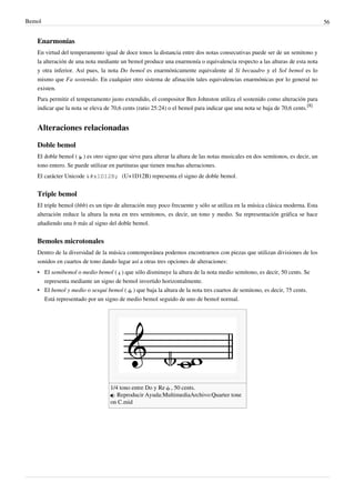 Bemol 56
Enarmonías
En virtud del temperamento igual de doce tonos la distancia entre dos notas consecutivas puede ser de un semitono y
la alteración de una nota mediante un bemol produce una enarmonía o equivalencia respecto a las alturas de esta nota
y otra inferior. Así pues, la nota Do bemol es enarmónicamente equivalente al Si becuadro y el Sol bemol es lo
mismo que Fa sostenido. En cualquier otro sistema de afinación tales equivalencias enarmónicas por lo general no
existen.
Para permitir el temperamento justo extendido, el compositor Ben Johnston utiliza el sostenido como alteración para
indicar que la nota se eleva de 70,6 cents (ratio 25:24) o el bemol para indicar que una nota se baja de 70,6 cents.
[8]
Alteraciones relacionadas
Doble bemol
El doble bemol ( ) es otro signo que sirve para alterar la altura de las notas musicales en dos semitonos, es decir, un
tono entero. Se puede utilizar en partituras que tienen muchas alteraciones.
El carácter Unicode 𝄫 (U+1D12B) representa el signo de doble bemol.
Triple bemol
El triple bemol (bbb) es un tipo de alteración muy poco frecuente y sólo se utiliza en la música clásica moderna. Esta
alteración reduce la altura la nota en tres semitonos, es decir, un tono y medio. Su representación gráfica se hace
añadiendo una b más al signo del doble bemol.
Bemoles microtonales
Dentro de la diversidad de la música contemporánea podemos encontrarnos con piezas que utilizan divisiones de los
sonidos en cuartos de tono dando lugar así a otras tres opciones de alteraciones:
• El semibemol o medio bemol ( ) que sólo disminuye la altura de la nota medio semitono, es decir, 50 cents. Se
representa mediante un signo de bemol invertido horizontalmente.
• El bemol y medio o sesqui bemol ( ) que baja la altura de la nota tres cuartos de semitono, es decir, 75 cents.
Está representado por un signo de medio bemol seguido de uno de bemol normal.
1/4 tono entre Do y Re , 50 cents.
 Reproducir Ayuda:MultimediaArchivo:Quarter tone
on C.mid
 