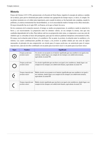 Compás (música) 76
Historia
Franco de Colonia (1215-1270), perteneciente a la Escuela de Notre Dame, impulsó el concepto de métrica o medida
de la música, paso previo elemental para poder constituir una agrupación de tiempo mayor, es decir, el compás. En
un primer momento no se le daba tanta importancia, pero cuando la música se fue haciendo más compleja, cuando la
polifonía y la música instrumental fue desarrollándose, se vio la necesidad de medir el tiempo en las obras musicales.
El mayor desarrollo fue en el siglo XIV, en Francia, en lo que se llamó Ars nova.
En los comienzos de la notación musical, el tiempo se medía con proporciones, la semibreve medía la mitad de la
breve, y así sucesivamente. La proporción entre los distintos valores, no era siempre la misma, sino que esta
cambiaba dependiendo de la obra. Para indicar cuál era esa proporción entre notas, se empezaron a usar una serie de
símbolos que se colocaban al inicio del pentagrama, para que los músicos pudieran interpretar correctamente la obra.
El tempus era la relación entre la breve y la semibreve. Por su parte, la prolatio, la relación entre la semibreve y la
mínima. Las cuatro combinaciones posibles de tempus y de prolatio se podían señalar por una serie de signos
mensurales al principio de una composición: un círculo para el tempus perfectum, un semicírculo para el tempus
imperfectum, cada uno de ellos combinado con un punto para el prolatio maior o sin punto para el prolatio minor.
Signo Nombre Significado
Tempus perfectum
prolatio maior
Un círculo con un punto en el interior significaba que una semibreve era igual a tres
mínimas, dando lugar a un compás de tres tiempos con subdivisión ternaria,
equivalente al actual 9/8.
Tempus perfectum
prolatio minor
Un círculo significaba que una breve era igual a tres semibreves, dando lugar a un
compás de tres tiempos con subdivisión binaria, equivalente al actual 3/4.
Tempus imperfectum
prolatio maior
Medio círculo con un punto en el interior significaba que una semibreve era igual a
tres mínimas, dando lugar a un compás de dos tiempos con subdivisión ternaria,
equivalente al actual 6/8.
Tempus imperfectum
prolatio minor
Medio círculo significaba que una breve era igual a dos semibreves, dando lugar a un
compás de dos tiempos con subdivisión binaria, equivalente al actual 2/4.
 