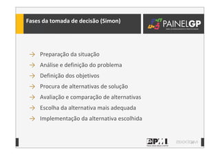 19
Fases	
  da	
  tomada	
  de	
  decisão	
  (Simon)
→ Preparação	
  da	
  situação
→ Análise	
  e	
  definição	
  do	
  problema
→ Definição	
  dos	
  objetivos
→ Procura	
  de	
  alternativas	
  de	
  solução
→ Avaliação	
  e	
  comparação	
  de	
  alternativas
→ Escolha	
  da	
  alternativa	
  mais	
  adequada
→ Implementação	
  da	
  alternativa	
  escolhida
 