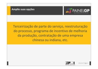 28
Amplie	
  suas	
  opções
Terceirização	
  de	
  parte	
  do	
  serviço,	
  reestruturação	
  
do	
  processo,	
  programa	
  de	
  incentivo	
  de	
  melhoria	
  
da	
  produção,	
  contratação	
  de	
  uma	
  empresa	
  
chinesa	
  ou	
  indiana,	
  etc.
 