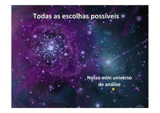 5
Todas	
  as	
  escolhas	
  possíveis
Nosso	
  mini	
  universo	
  
de	
  análise
 