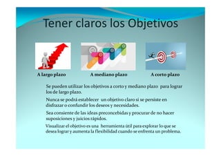 Tener claros los Objetivos
A largo plazo A mediano plazo A corto plazo
Se pueden utilizar los objetivos a corto y mediano plazo para lograr
los de largo plazo.
Visualizar el objetivo es una herramienta útil para explorar lo que se
desea lograr y aumenta la flexibilidad cuando se enfrenta un problema.
Nunca se podrá establecer un objetivo claro si se persiste en
disfrazar o confundir los deseos y necesidades.
Sea consiente de las ideas preconcebidas y procurar de no hacer
suposiciones y juicios rápidos.
 