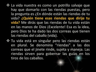  La vida nuestra es como un potrillo salvaje que
hay que domarlo con las riendas puestas, pero
la pregunta es ¿En dónde están las riendas de tu
vida? ¿Quién tiene esas riendas que dirije tu
vida? Me dirás que las riendas de tu vida están
en las manos de Dios ¡Excelente! Esa es la
idea, pero Dios te ha dado las dos correas que
tienen las riendas del caballo (vida).
 Tu vida está en singular pero las riendas están
en plural. Se denomina “riendas” a las dos
correas que el jinete rinde, sujeta y maneja. Las
riendas sirven para gobernar las guías en los
tiros de los caballos.

 