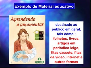 Exemplo de Material educativo



                          destinado ao
                       público em geral,
                           tais como :
                        folhetos, livros,
                           artigos em
                        periódico leigo,
                      fitas cassete, fitas
                      de vídeo, internet e
31                       outras formas
                               23
 