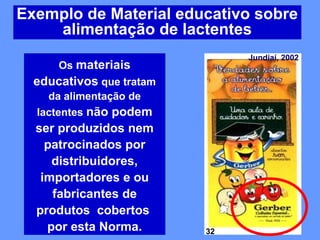 Exemplo de Material educativo sobre
    alimentação de lactentes
                               Jundiaí, 2002
      Os materiais
  educativos que tratam
    da alimentação de
  lactentes não podem
  ser produzidos nem
    patrocinados por
     distribuidores,
   importadores e ou
     fabricantes de
  produtos cobertos
    por esta Norma.       32
 
