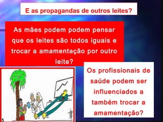 E as propagandas de outros leites?


    As mães podem podem pensar
    que os leites são todos iguais e
    trocar a amamentação por outro
                 leite?
                           Os profissionais de
                            saúde podem ser
                             influenciados a
                             também trocar a
                             amamentação?
                                  5
5
 