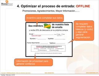 4. Optimizar el proceso de entrada: OFFLINE
                                           Promociones, Agradecimientos, Mayor...