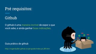 Pré requisitos:
Github
O github é uma maneira incrível de expor o que
você sabe, e ainda ganhar boas indicações.
Guia prático de github
http://rogerdudler.github.io/git-guide/index.pt_BR.htm
 