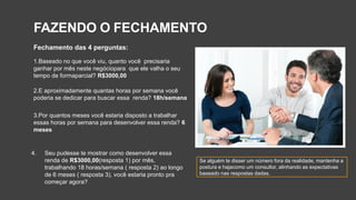 Fechamento das 4 perguntas:
1.Baseado no que você viu, quanto você precisaria
ganhar por mês neste negóciopara que ele valha o seu
tempo de formaparcial? R$3000,00
2.E aproximadamente quantas horas por semana você
poderia se dedicar para buscar essa renda? 18h/semana
3.Por quantos meses você estaria disposto a trabalhar
essas horas por semana para desenvolver essa renda? 6
meses
4. Seu pudesse te mostrar como desenvolver essa
renda de R$3000,00(resposta 1) por mês,
trabalhando 18 horas/semana ( resposta 2) ao longo
de 6 meses ( resposta 3), você estaria pronto pra
começar agora?
Se alguém te disser um número fora da realidade, mantenha a
postura e hajacomo um consultor, alinhando as expectativas
baseado nas respostas dadas.
FAZENDO O FECHAMENTO
 