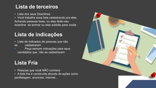 Lista de terceiros
• Lista dos seus Downlines
• Você trabalha essa lista cadastrando pra eles.
Achando pessoas boas, ou elas farão seu
downline se animar ou elas subirão para vocês
Lista de indicações
• Lista de indicados de pessoas que não
se cadastraram
• Peça sempre indicações para seus
candidatos que não se cadastraram
Lista Fria
• Pessoas que você NÃO conhece
• A lista fria é construída através de ações como
panfletagem, anúncios, internet...
 