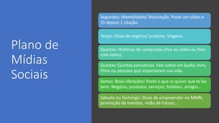 Plano de
Mídias
Sociais
Segundas: Mentalidade/ Motivação. Poste um vídeo e
1h depois 1 citação.
Terças: Dicas de negócio/ produto. Viagens.
Quartas: Histórias de conquistas (live ou vídeo ou foto
com texto).
Quintas: Quintas pensativas. Fale sobre um áudio, livro,
filme ou pessoas que impactaram sua vida.
Sextas: Boas vibrações! Poste o que vc quiser que te faz
bem. Negócio, produtos, serviços, hobbies, amigos...
Sábado ou Domingo: Dicas de empreender no MMN,
promoção de eventos, visão de futuro...
 