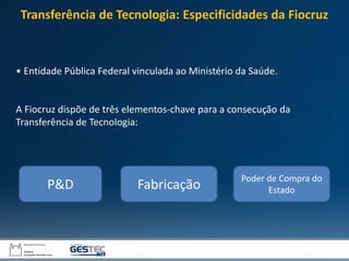 • Entidade Pública Federal vinculada ao Ministério da Saúde.
A Fiocruz dispõe de três elementos-chave para a consecução da
Transferência de Tecnologia:
Transferência de Tecnologia: Especificidades da Fiocruz
P&D Fabricação
Poder de Compra do
Estado
 