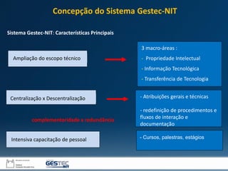 Sistema Gestec-NIT: Características Principais
Ampliação do escopo técnico
3 macro-áreas :
- Propriedade Intelectual
- Informação Tecnológica
- Transferência de Tecnologia
Centralização x Descentralização - Atribuições gerais e técnicas
- redefinição de procedimentos e
fluxos de interação e
documentação
complementaridade x redundância
Intensiva capacitação de pessoal - Cursos, palestras, estágios
Concepção do Sistema Gestec-NIT
 