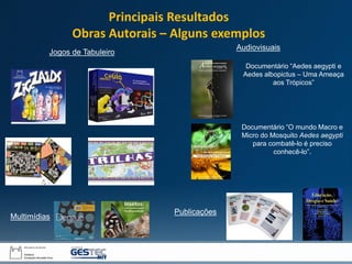 Jogos de Tabuleiro
Documentário “Aedes aegypti e
Aedes albopictus – Uma Ameaça
aos Trópicos”
Documentário “O mundo Macro e
Micro do Mosquito Aedes aegypti
para combatê-lo é preciso
conhecê-lo”.
Audiovisuais
Multimídias
Publicações
Principais Resultados
Obras Autorais – Alguns exemplos
 