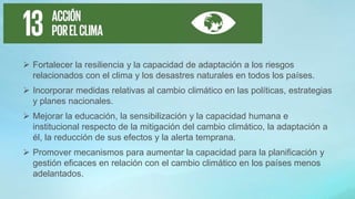  Fortalecer la resiliencia y la capacidad de adaptación a los riesgos
relacionados con el clima y los desastres naturales en todos los países.
 Incorporar medidas relativas al cambio climático en las políticas, estrategias
y planes nacionales.
 Mejorar la educación, la sensibilización y la capacidad humana e
institucional respecto de la mitigación del cambio climático, la adaptación a
él, la reducción de sus efectos y la alerta temprana.
 Promover mecanismos para aumentar la capacidad para la planificación y
gestión eficaces en relación con el cambio climático en los países menos
adelantados.
 