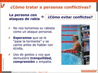 Resolución y Prevención eficaz de Conflictos - Página | 11 | 181
www.incrementis.es
¿Cómo tratar a personas conflictivas?
La persona con
ataques de rabia
No nos tomemos su rabieta
como un ataque personal.
Esperamos que se le
“pase la tormenta” y se
calme antes de hablar con
él/ella.
Uso de gestos y voz que
demuestre tranquilidad,
comprensión y empatía.
¿Cómo evitar conflictos?
 