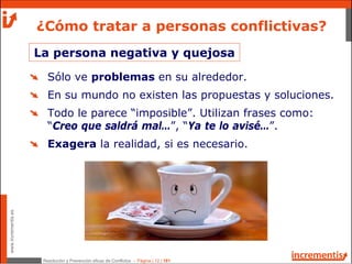 Resolución y Prevención eficaz de Conflictos - Página | 12 | 181
www.incrementis.es
¿Cómo tratar a personas conflictivas?
La persona negativa y quejosa
Sólo ve problemas en su alrededor.
En su mundo no existen las propuestas y soluciones.
Todo le parece “imposible”. Utilizan frases como:
“Creo que saldrá mal…”, “Ya te lo avisé…”.
Exagera la realidad, si es necesario.
 