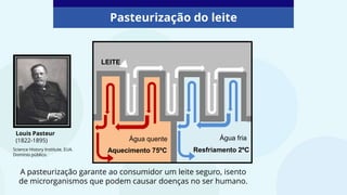 Pasteurização do leite
A pasteurização garante ao consumidor um leite seguro, isento
de microrganismos que podem causar doenças no ser humano.
Louis Pasteur
(1822-1895)
LEITE
Aquecimento 75ºC Resfriamento 2ºC
Água quente Água fria
Science History Institute, EUA.
Domínio público.
 