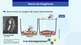 Seres vivos só surgem de outro preexistente.
Teoria da biogênese
Francesco Redi
(1616-1697)
Gaze
Teste A Teste B
E os microrganismos?
“The National Library of Medicine,
EUA”. Disponível em:
https://collections.nlm.nih.gov/cat
alog/nlm:nlmuid-101426862-img
Imagens:
©Pixabay
 