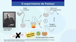O experimento de Pasteur
https://upload.wikimedia.org/wikipedia/commons/a/a6/Louis_Pasteur%2C_foto_av_Paul_Nadar%2C_Crisco_edit.jpg
“Science History Institute, EUA Domínio público”.
Caldo
nutritivo
Caldo sem
microrganismos
Gargalo
quebrado
Os microrganismos voltam
Ar
Louis Pasteur
(1822-1895)
©Pixabay
 