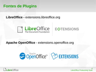 6
LibreOffice Productivity Suite
Fontes de Plugins
LibreOffice - extensions.libreoffice.org
Apache OpenOffice - extensions.openoffice.org
 