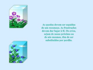 As quedas devem ser seguidas de um recomeço. As frustrações devem dar lugar à fé. Os erros, sejam de nosso próximo ou de nós mesmos, têm de ser substituídos por perdão.