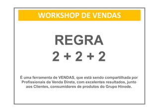 WORKSHOP DE VENDAS
É uma ferramenta de VENDAS, que está sendo compartilhada por
Profissionais da Venda Direta, com excelentes resultados, junto
aos Clientes, consumidores de produtos do Grupo Hinode.
REGRA
2 + 2 + 2
 