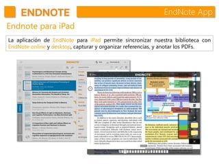 EndNote App
Endnote para iPad
La aplicación de EndNote para iPad permite sincronizar nuestra biblioteca con
EndNote online y desktop, capturar y organizar referencias, y anotar los PDFs.
 