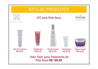 KIT’s de PRODUTOS
KIT para Pele Seca
Super Hydrat
R$ 42,00
Valor Total para Tratamento da
Pele Seca R$ 180,00
Gel de Limpeza
R$32,00
Esfoliantes
R$35,00
Tônico Facial
R$ 35,00
Hidratante
R$ 36,00
 