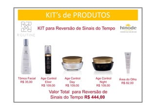 Age Control
Elixir
R$ 109,00
KIT’s de PRODUTOS
KIT para Reversão de Sinais do Tempo
Tônico Facial
R$ 35,00
Age Control
Day
R$ 109,00
Valor Total para Reversão de
Sinais do Tempo R$ 444,00
Age Control
Night
R$ 109,00
Área do Olho
R$ 82,00
 