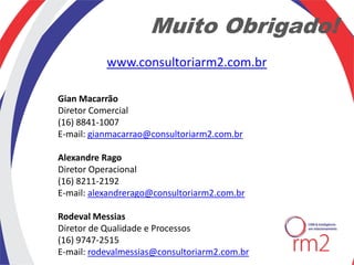 Muito Obrigado!
           www.consultoriarm2.com.br

Gian Macarrão
Diretor Comercial
(16) 8841-1007
E-mail: gianmacarrao@consultoriarm2.com.br

Alexandre Rago
Diretor Operacional
(16) 8211-2192
E-mail: alexandrerago@consultoriarm2.com.br

Rodeval Messias
Diretor de Qualidade e Processos
(16) 9747-2515
E-mail: rodevalmessias@consultoriarm2.com.br
 