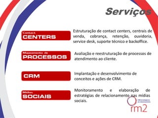 Serviços
Estruturação de contact centers, centrais de
venda, cobrança, retenção, ouvidoria,
service desk, suporte técnico e backoffice.

Avaliação e reestruturação de processos de
atendimento ao cliente.


Implantação e desenvolvimento de
conceitos e ações de CRM.

Monitoramento       e   elaboração   de
estratégias de relacionamento nas mídias
sociais.
 