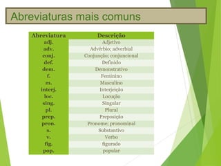 Abreviaturas mais comuns
   Abreviatura        Descrição
       adj.             Adjetivo
       adv.        Advérbio; adverbial
      conj.      Conjunção; conjuncional
       def.             Definido
      dem.           Demonstrativo
        f.              Feminino
        m.             Masculino
     interj.           Interjeição
       loc.              Locução
      sing.             Singular
        pl.               Plural
      prep.            Preposição
      pron.       Pronome; pronominal
        s.            Substantivo
        v.                Verbo
       fig.             figurado
      pop.               popular
 