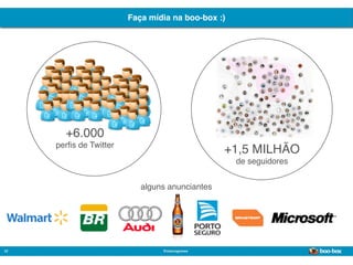 Faça mídia na boo-box :)




       +6.000
     perﬁs de Twitter
                                                +1,5 MILHÃO
                                                   de seguidores


                           alguns anunciantes




32                              @marcogomes
                                                                   Sistema de Publicidade para Mídias Sociais
 