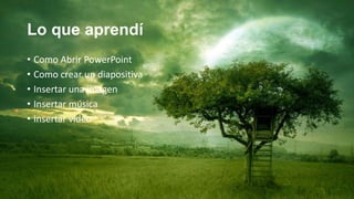 Lo que aprendí
• Como Abrir PowerPoint
• Como crear un diapositiva
• Insertar una imagen
• Insertar música
• Insertar video