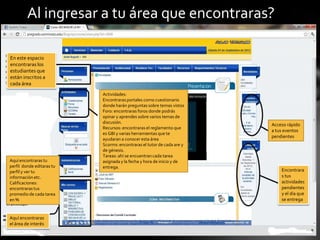 Al ingresar a tu área que encontraras?

En este espacio
encontraras los
estudiantes que
están inscritos a
cada área
                           Actividades:
                           Encontraras portales como cuestionario
                           donde harán preguntas sobre temas vistos
                           Foro: encontraras foros donde podrás
                           opinar y aprendes sobre varios temas de
                           discusión.
                                                                        Acceso rápido
                           Recursos: encontraras el reglamento que
                                                                        a tus eventos
                           es GBI y varias herramientas que te
                                                                        pendientes
                           ayudaran a conocer esta área
                           Scorms: encontraras el tutor de cada are y
                           de génesis.
                           Tareas: ahí se encuentran cada tarea
Aquí encontraras tu        asignada y la fecha y hora de inicio y de
perfil donde editaras tu   entrega.
perfil y ver tu                                                             Encontrara
información etc.                                                            s tus
Calificaciones:                                                             actividades
encontraras tus                                                             pendientes
promedio de cada tarea                                                      y el día que
en %                                                                        se entrega


Aquí encontraras
el área de interés
 
