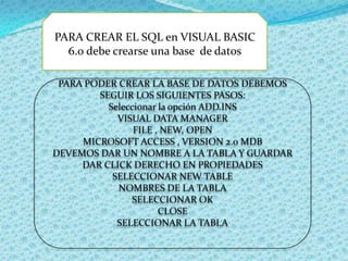 PARA CREAR EL SQL en VISUAL BASIC
6.0 debe crearse una base de datos
PARA PODER CREAR LA BASE DE DATOS DEBEMOS
SEGUIR LOS SIGUIENTES PASOS:
Seleccionar la opción ADD.INS
VISUAL DATA MANAGER
FILE , NEW, OPEN
MICROSOFT ACCESS , VERSION 2.0 MDB
DEVEMOS DAR UN NOMBRE A LA TABLA Y GUARDAR
DAR CLICK DERECHO EN PROPIEDADES
SELECCIONAR NEW TABLE
NOMBRES DE LA TABLA
SELECCIONAR OK
CLOSE
SELECCIONAR LA TABLA
 