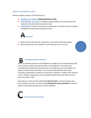 COMO VA LA RUEDA DE LA VIDA?
Nombre completo y grado: Yuliza Ortiz duque 11
 NOMBRE DE LA UNIDAD: GERENCIAMIENTO DE VIDA
...