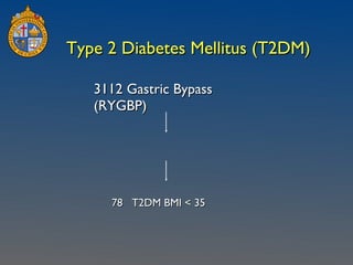 Type 2 Diabetes Mellitus (T2DM) 3112 Gastric Bypass  (RYGBP) 78  T2DM BMI < 35 
