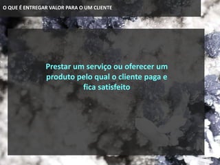 O QUE É ENTREGAR VALOR PARA O UM CLIENTE
Prestar um serviço ou oferecer um
produto pelo qual o cliente paga e
fica satisfeito
 