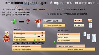 Em décimo segundo lugar: É importante saber como usar ...
I need some paper. I need two pieces. I NEED TWO PIECES OF PAPER.
I’m going to eat some bread.
I’m going to eat two slices. I’M GOING TO EAT TWO SLICES OF BREAD.
COUNT
A lot of apples.
NONCOUNT
Much water
A few apples
Many apples
A lot of water
A little water.
AFFIRMATIVE STATEMENTS:
I want a lot of apples. I want a lot of water.
I want a little waterI want a few apples.
A LITTLE
A FEWA LOT OF (count)
A LOT OF (non count)
 