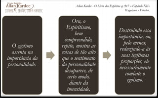 O egoísmo
assenta na
importância da
personalidade.
Ora, o
Espiritismo,
bem
compreendido,
repito, mostra as
coisas de tão alto
que o sentimento
da personalidade
desaparece, de
certo modo,
diante da
imensidade.
Destruindo essa
importância, ou,
pelo menos,
reduzindo-a às
suas legítimas
proporções, ele
necessariamente
combate o
egoísmo.
Allan Kardec - O Livro dos Espíritos q. 917 » Capítulo XII»
O egoísmo » Fénelon.
 