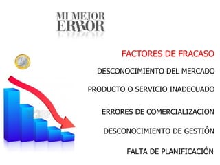 ERRORES DE COMERCIALIZACION DESCONOCIMIENTO DEL MERCADO PRODUCTO O SERVICIO INADECUADO DESCONOCIMIENTO DE GESTIÓN FALTA DE PLANIFICACIÓN FACTORES DE FRACASO